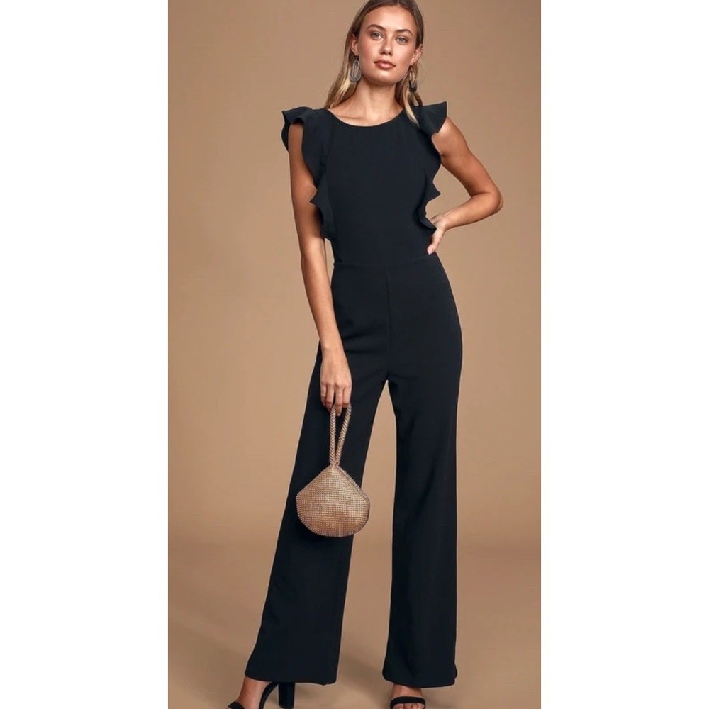 Lulus Feel Your Love Black Ruffled Wide-Leg Jumpsuit | Size Medium | Open Back|